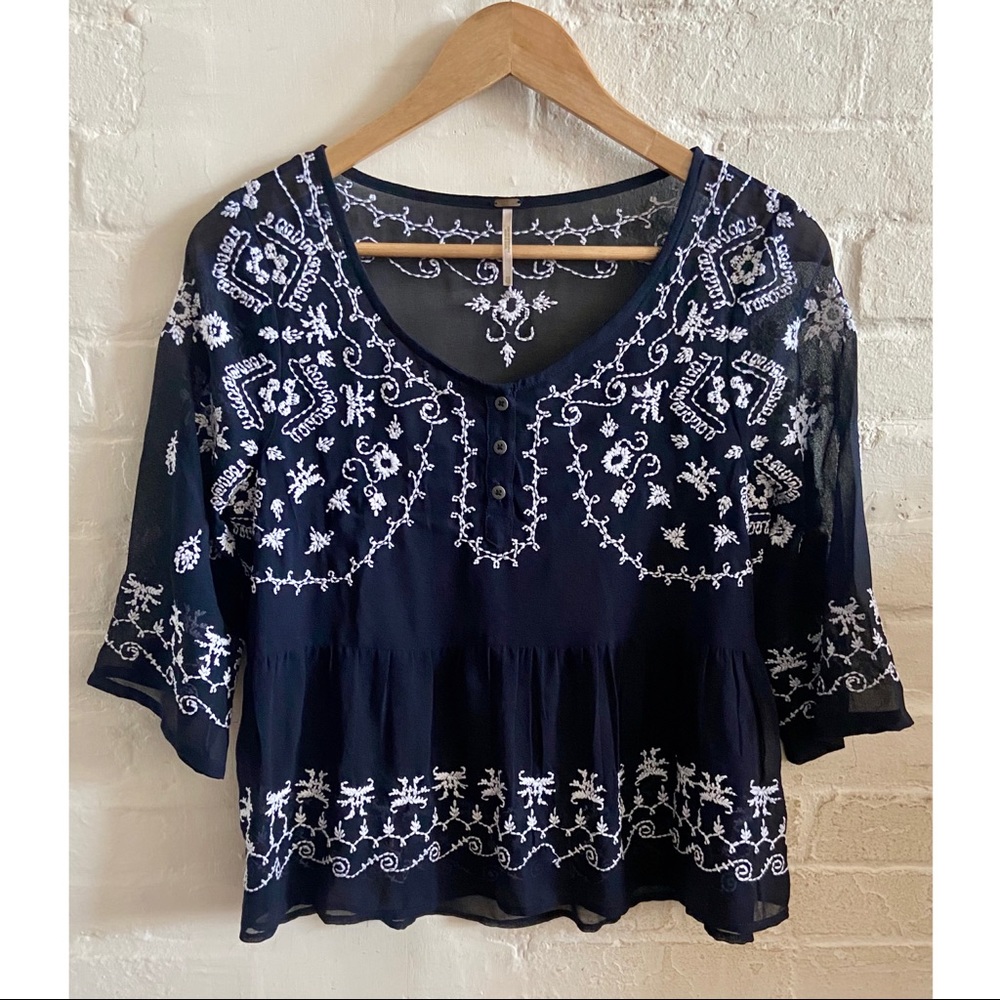 Free People Pennies Sequel embroidered navy blue peplum blouse - Picture 3 of 6